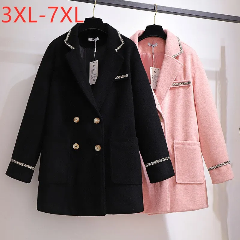 

New 2022 Autumn Winter Plus Size Women Clothing Overcoat Large Long Sleeve Thick Pocket Pink Woolen Coat 3XL 4XL 5XL 6XL 7XL