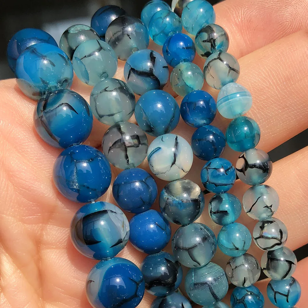 Natural Stone Blue Fire Dragon Black Veins Agates Round Spacer Beads for Jewelry Making DIY Bracelet Accessories 15'' 6 8 10mm