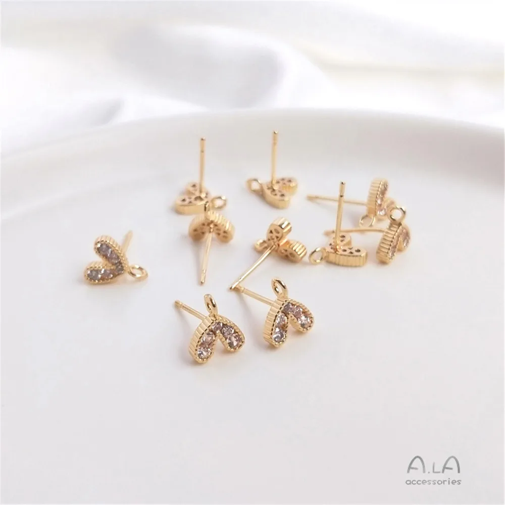 

14K Gold Plated Zircon inlaid peach beloved heart stud 925 silver pin with pendant ring DIY earrings accessories