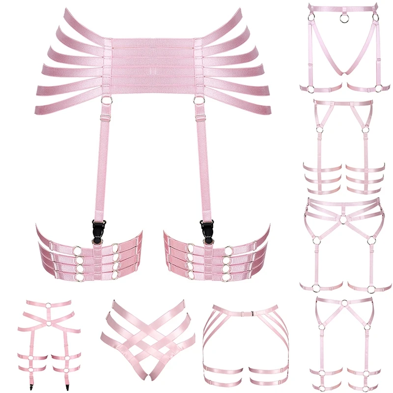 

Pink Wedding Garter Women Sexy High Waist Harness Cage Bow Elastic Bondage Stocking Suspender Belt Harajuku Punk Lingerie