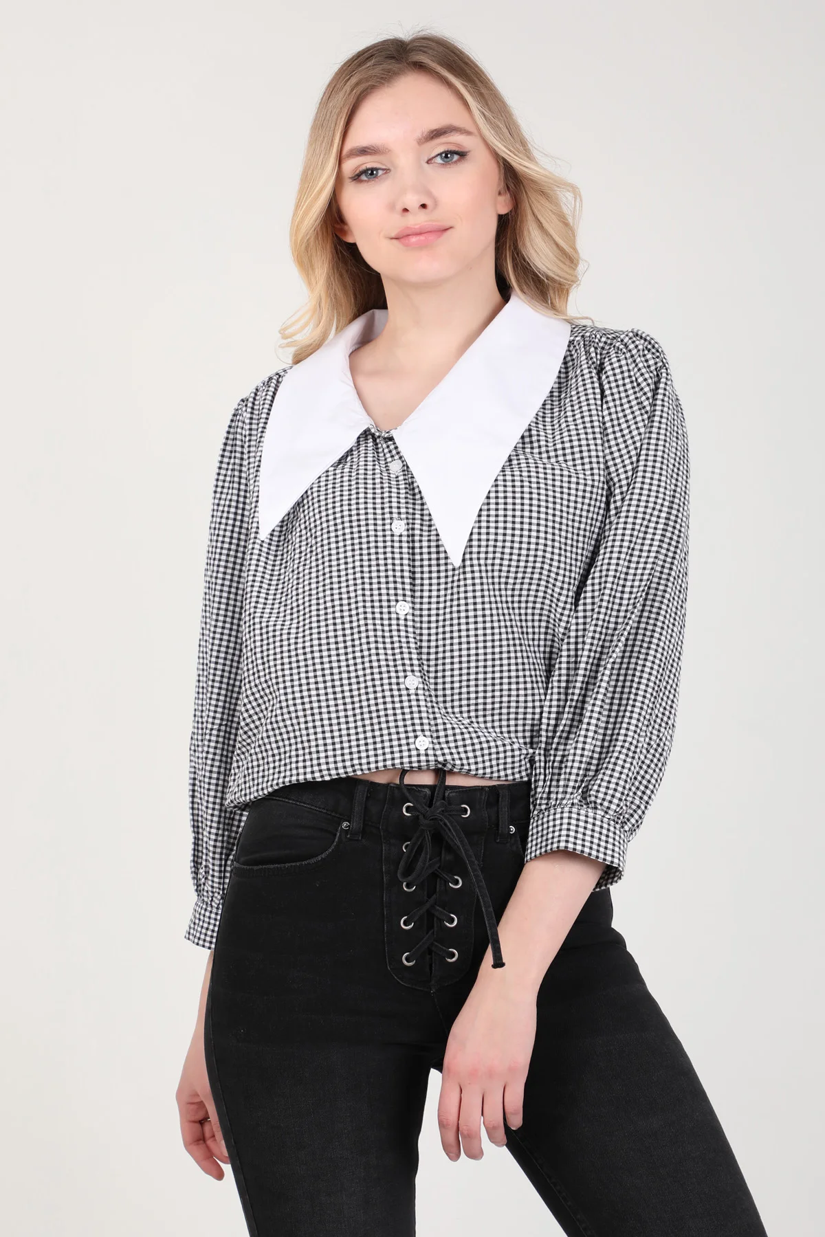 Women's Sheer Neckline Black White Houndstooth Shirt