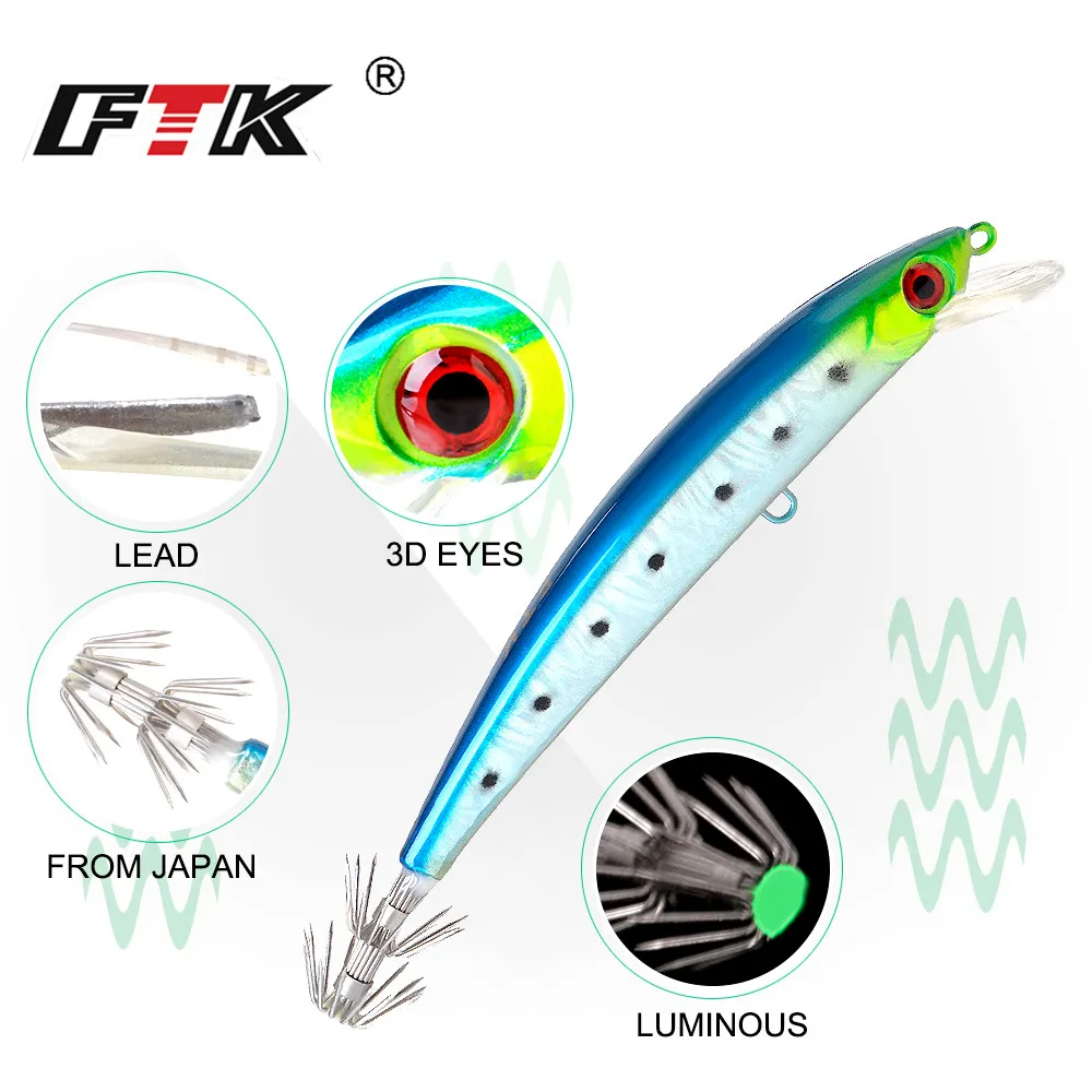 FTK Minnow Wobblers señuelo de pesca 120mm 23g anzuelo de calamar ojos 3D madera camarones mar cebo Artificial duro