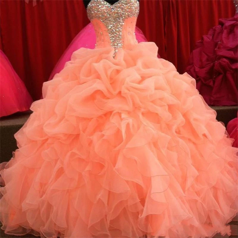 2020 Coral Quinceanera ชุดดอกไม้ลูกปัดเจ้าหญิงสุดหวาน16 Organza จีบเจ้าหญิงพรหมชุดราตรี