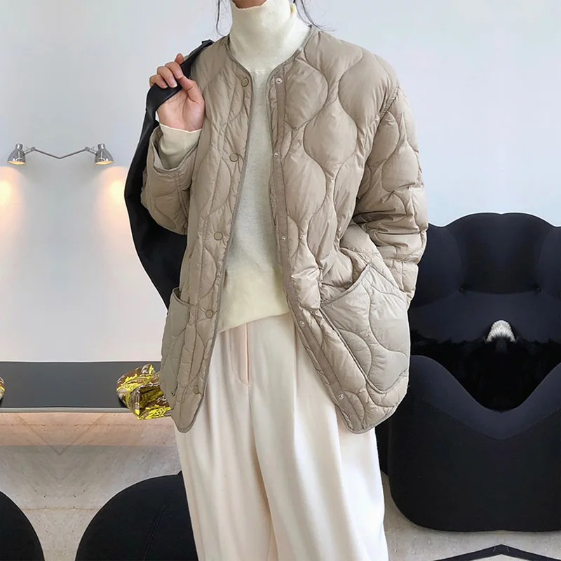 2021 Winter New Fashion Lightweight White Duck Down Jacket For Women's O Neck Solid Color Stackable Warm Quilted Short Coat