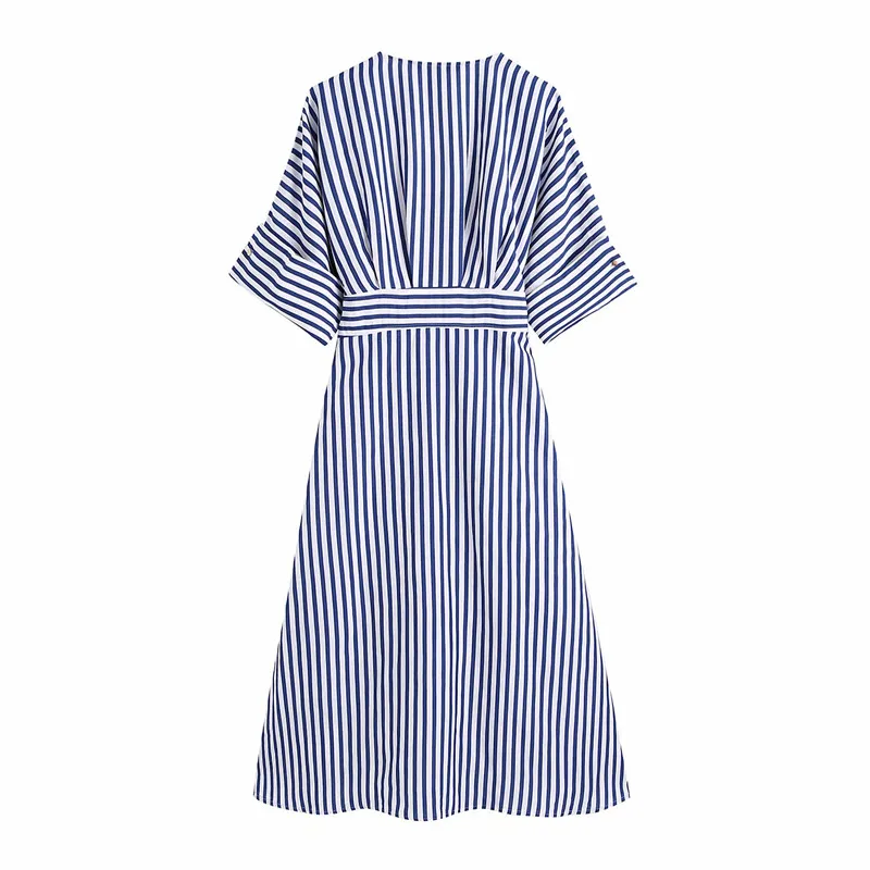 Evfer Women Casual Striped Za Summer Blue Long Dress With Belt Girls Fashion Single Breasted Short Sleeve High Waist Linen Dress