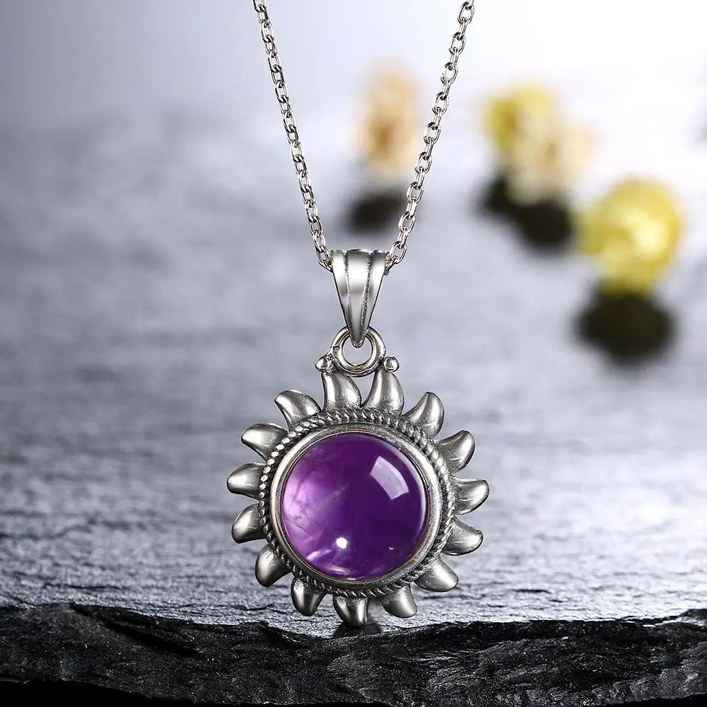 Natural Amethyst Necklace for Women Sterling Silver 925 Vintage Style Sun Shaped Pendant Charming Necklace Gift Jewelry Whoesale