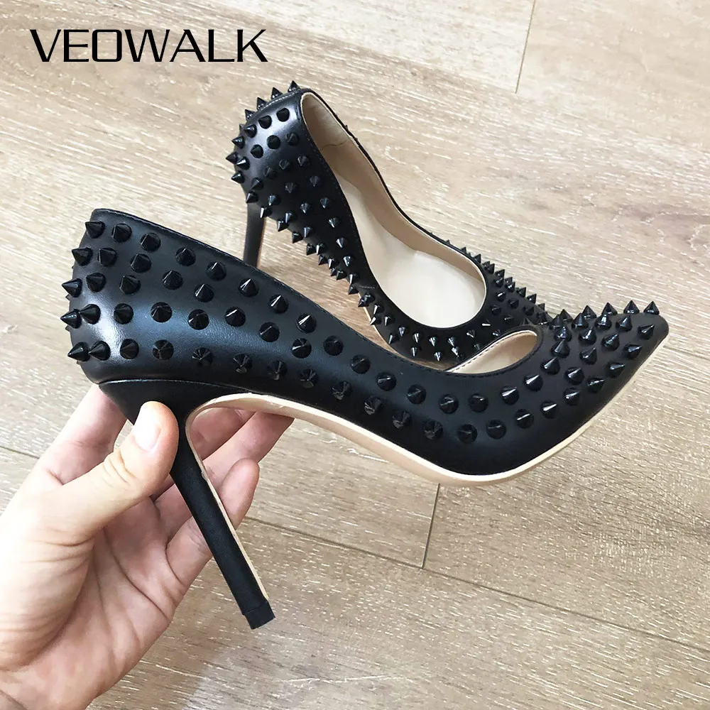 Veowalk Black Matte Women Full Punk Rivets Pointed Toe High Heels Sexy Ladies Spikes Stilettos Pumps Woman Club Party Shoes