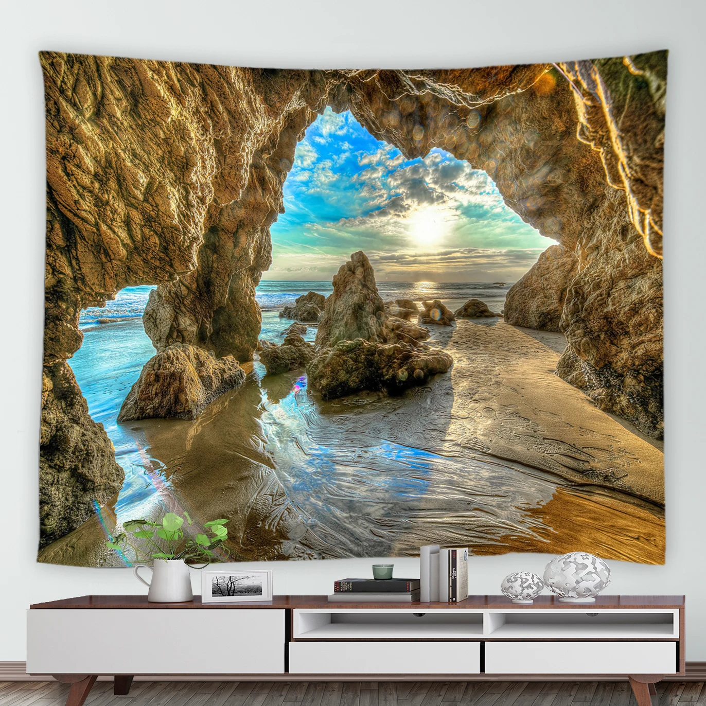 

Ocean Nature Cave Tapestry Sunrise Beach Sea Waves Landscape Tapestries Modern Home Dorm Living Room Decor Wall Hanging Blanket