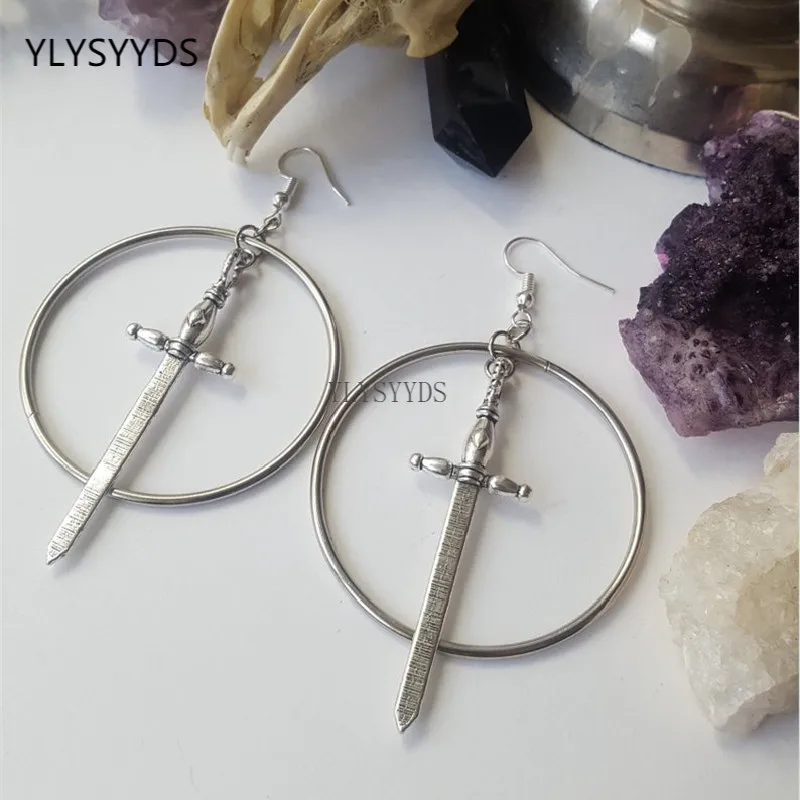 Gothic Swords Hoop Earrings Classic Eardrop Big Sword Witchy Alternative Goth Jewellery Pagan Charm Women Men Gift Mystical