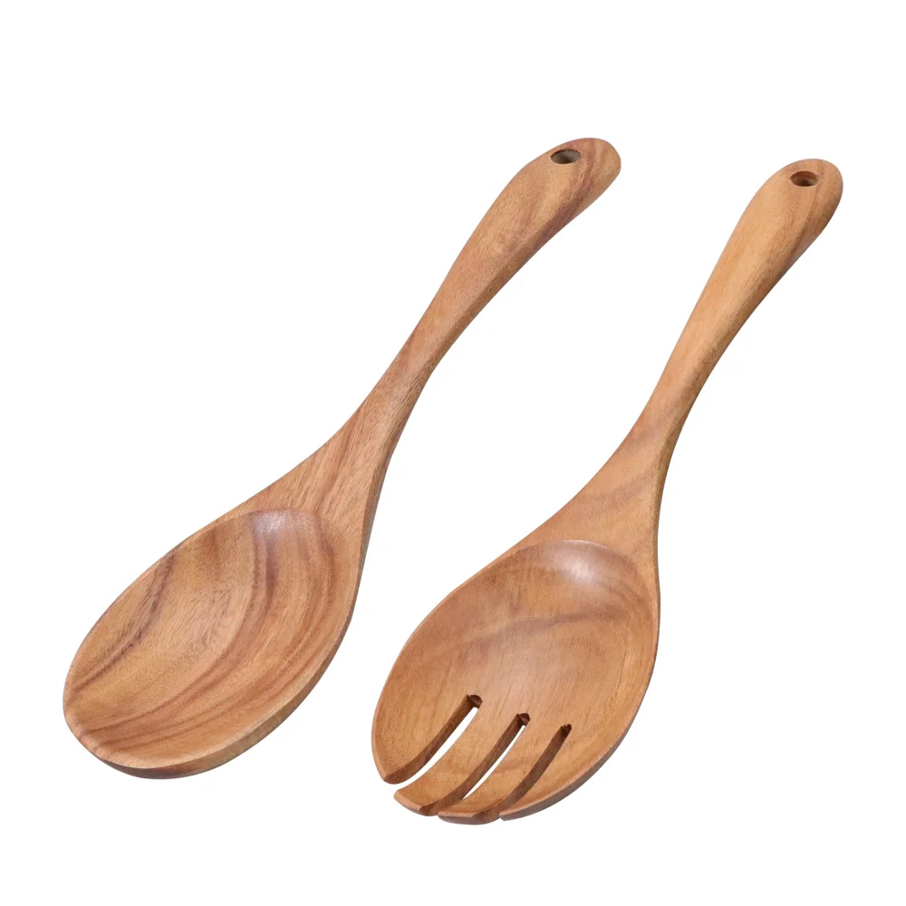 

2pcs Natural Wood Salad Spoon Fork Set Wooden Utensils Tableware Large Dinner Serving Spoons Salad Servers Cooking Kitchen Tools