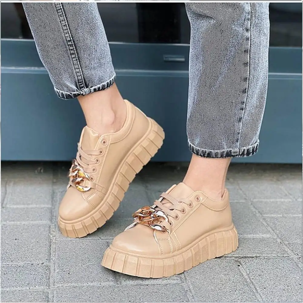 Fashion White Sneakers Women 2024 Spring New Ladies Comfy Lace Up Casual Shoes With Chain 36-43 Large-Sized Female Sport Flats