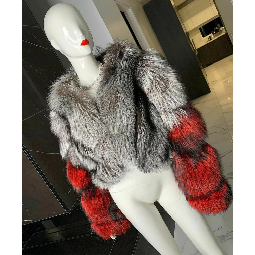 Natural Silver Fox Fur Jacket Round Collar 2022 Winter New Trendy Whole Skin Genuine Silver Fox Fur Coats Female Outwear Luuxry