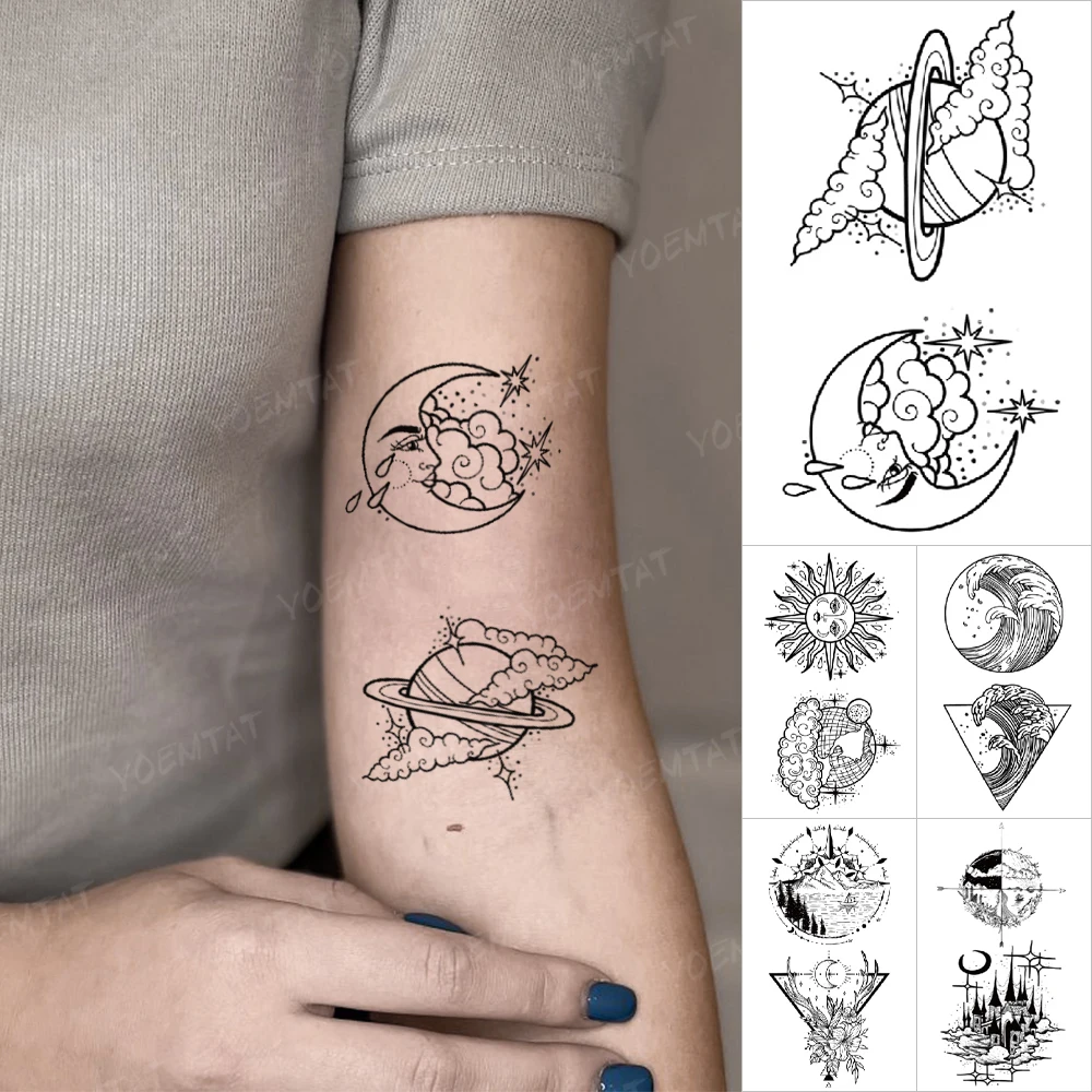 

Transfer Waterproof Temporary Tattoo Stickers Planet Moon Sun Star Wave Landscape Tatoo Flash Line Body Art Men Women Fake Tatto