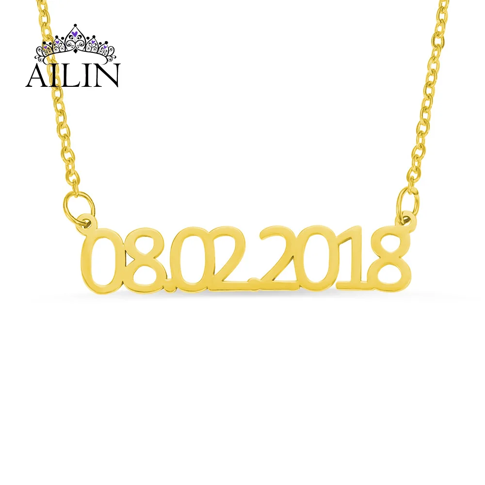 AILIN 18K Gold Plated Day Month Year Number Necklace Stainless Steel Custom Date Pendant Necklace Fashion Jewelry Birthday Gifts