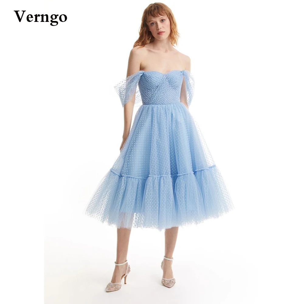 

Verngo 2021 A Line Light Blue Dotted Tulle Prom Dresses Off the Shoulder Sleeves Tea Length Formal Party Gowns Homecoming Dress