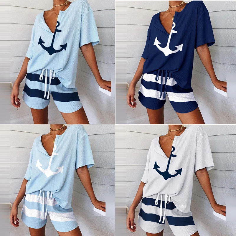 Summer 2Pcs Women Tracksuit Boat Anchor Print Shirt and Shorts Set Spring Elegant V Neck Pullover Ladies Sportswear Suits Pocket