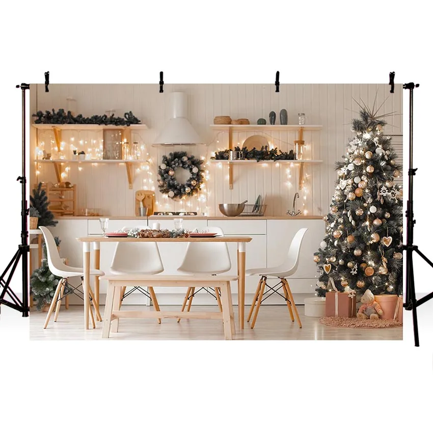 Avezano cenários de inverno feliz natal árvore grinalda cozinha presente luzes mesa decoração banners fotografia fundo estúdio foto