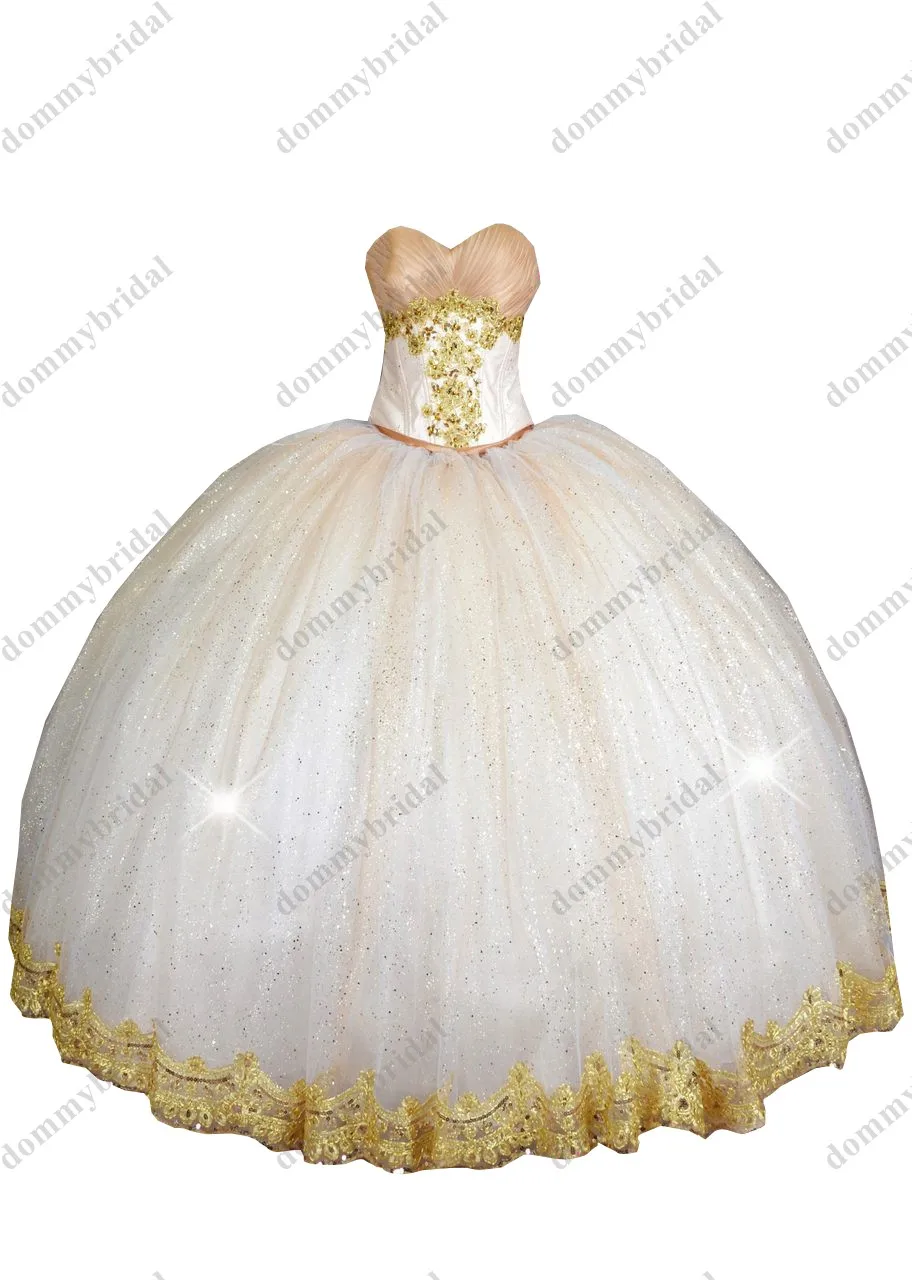 Classic White and Champagne Ball Gown Sweetheart Quinceanera Dresses Graduation Party Dress Gold Lace Applique Beads Tulle