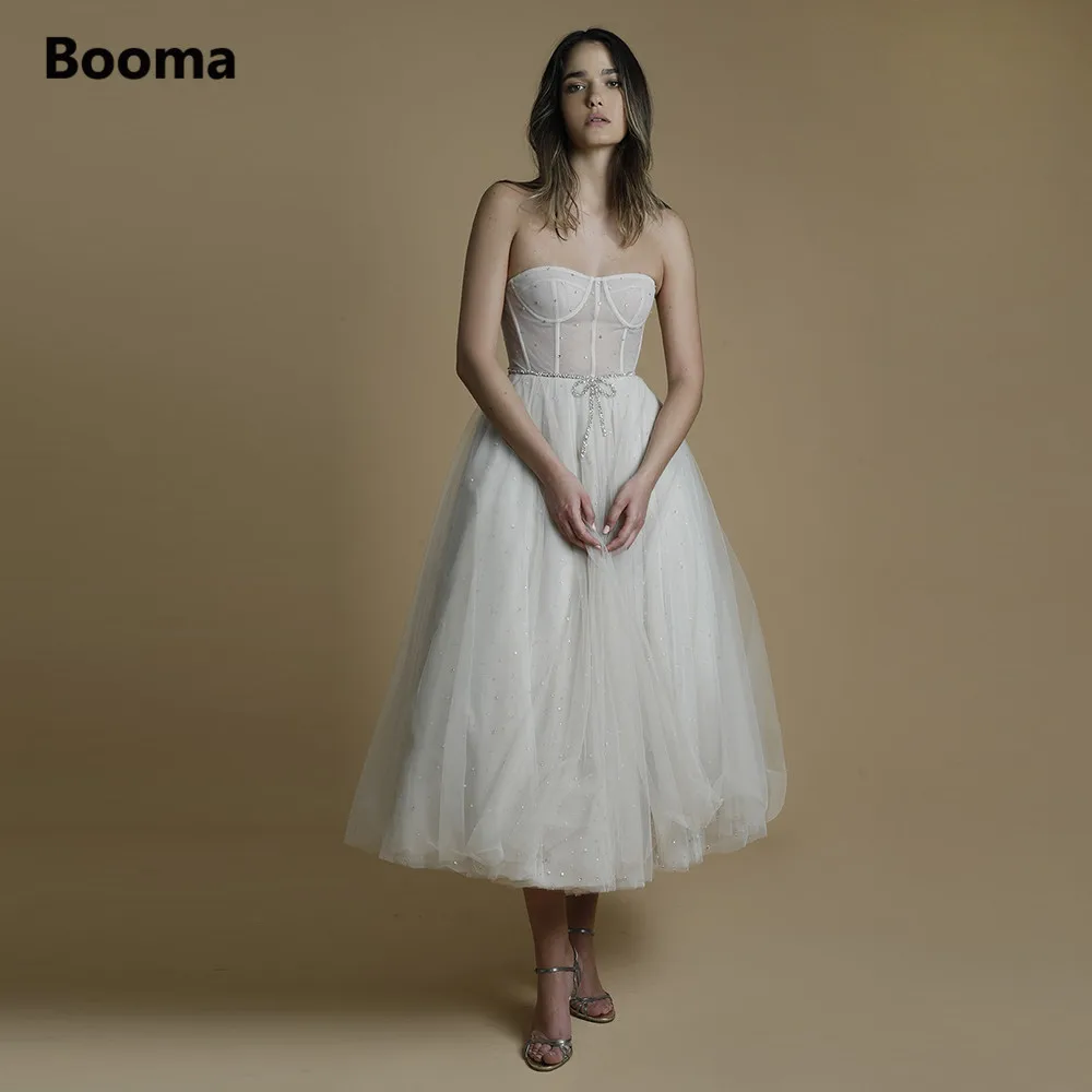 

Booma Modern Strapless Short Civil Wedding Dresses Sleeveless Beaded Tulle Tea-Length A-Line Elopement Bride Dresses Open Back