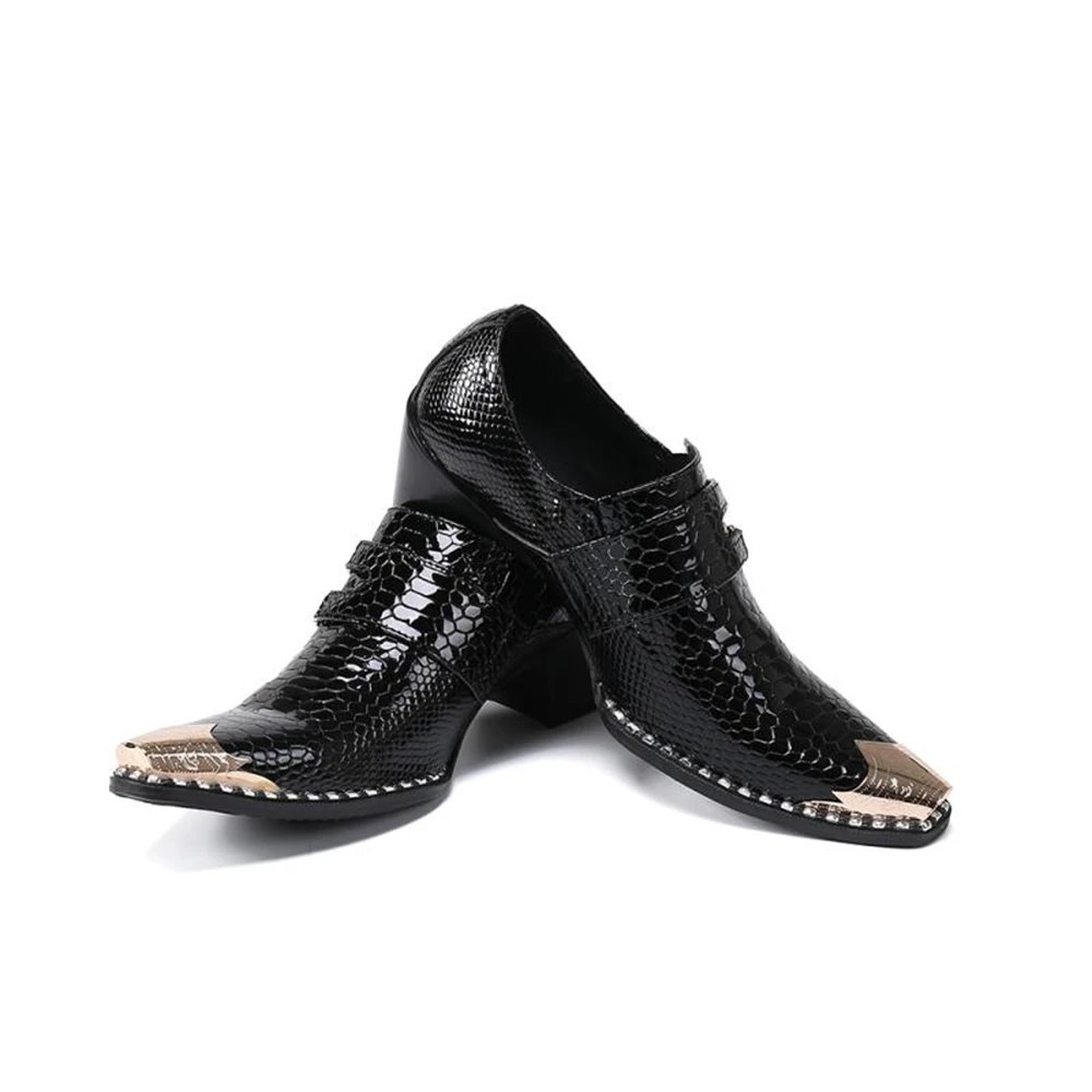 Black Red Pointed Toe Dress Shoes Men Office Genuine Leather Breathable Buckle Slip On Snake Pattern High Heels Shoes