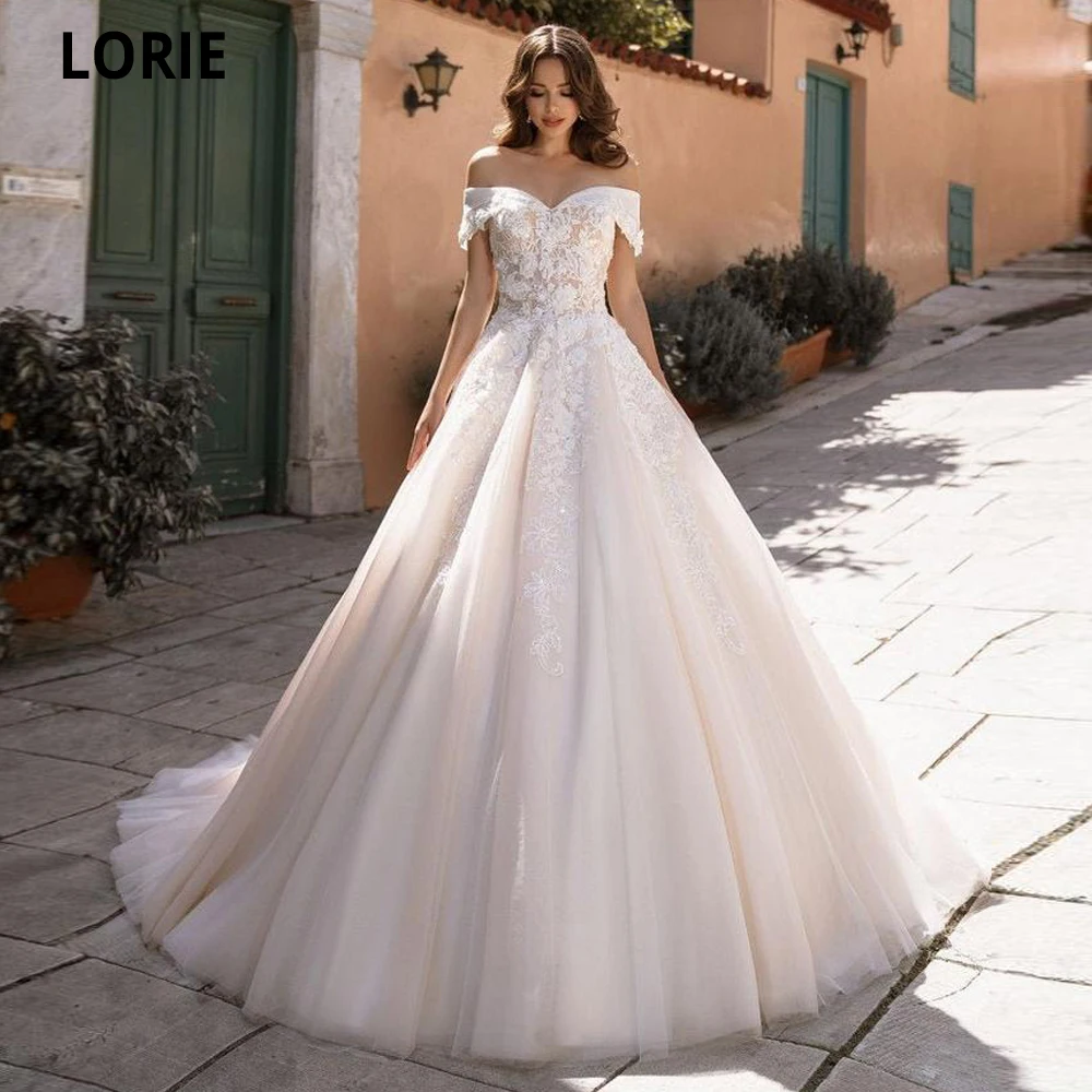 Lorie Champagne Beach Trouwjurken Met De Schouder Applicaties Lace Tulle Boho Bridel Bruidsjurken Prinses Feestjurk