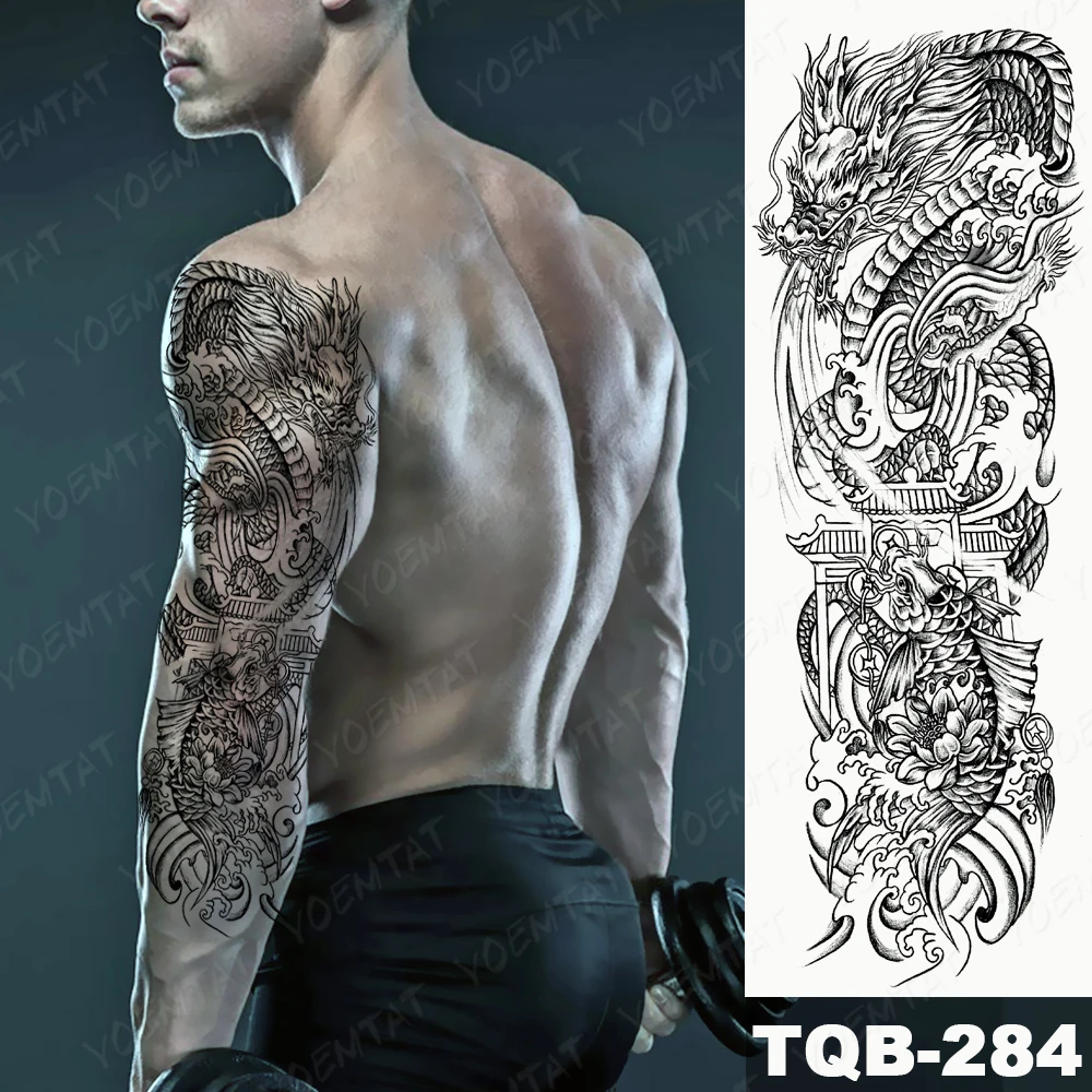 Full Arm Sleeve Water Dragon Sword Carp Waterproof Temporary Tattoo Stickers Women Thigh Back Transfer Fake Tattoos Body Art Men