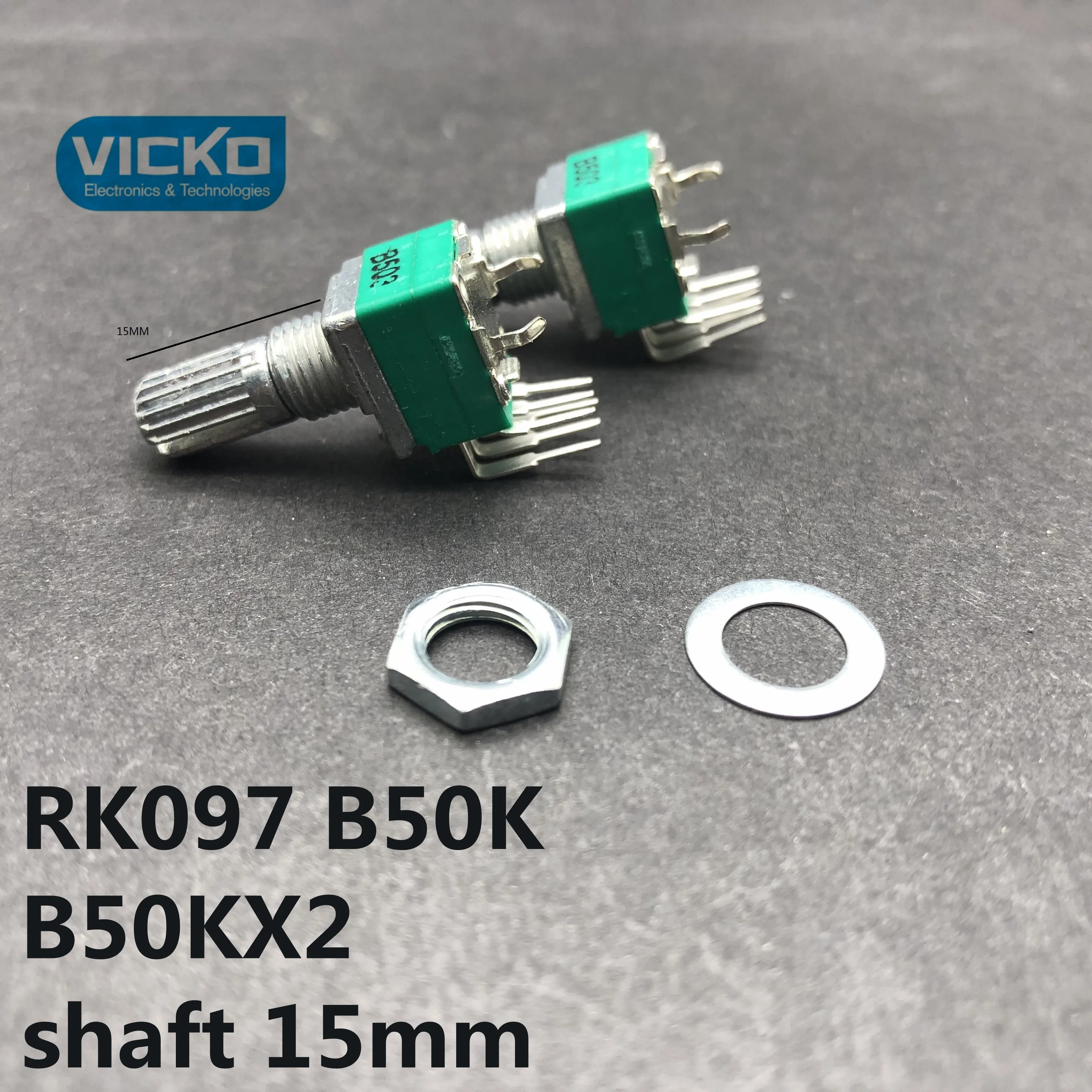 

Volume control adjustable potentiometer RK097 B50K B503 B50KX2 shaft 15mm double vertical curved foot 6 pin flower axis switch