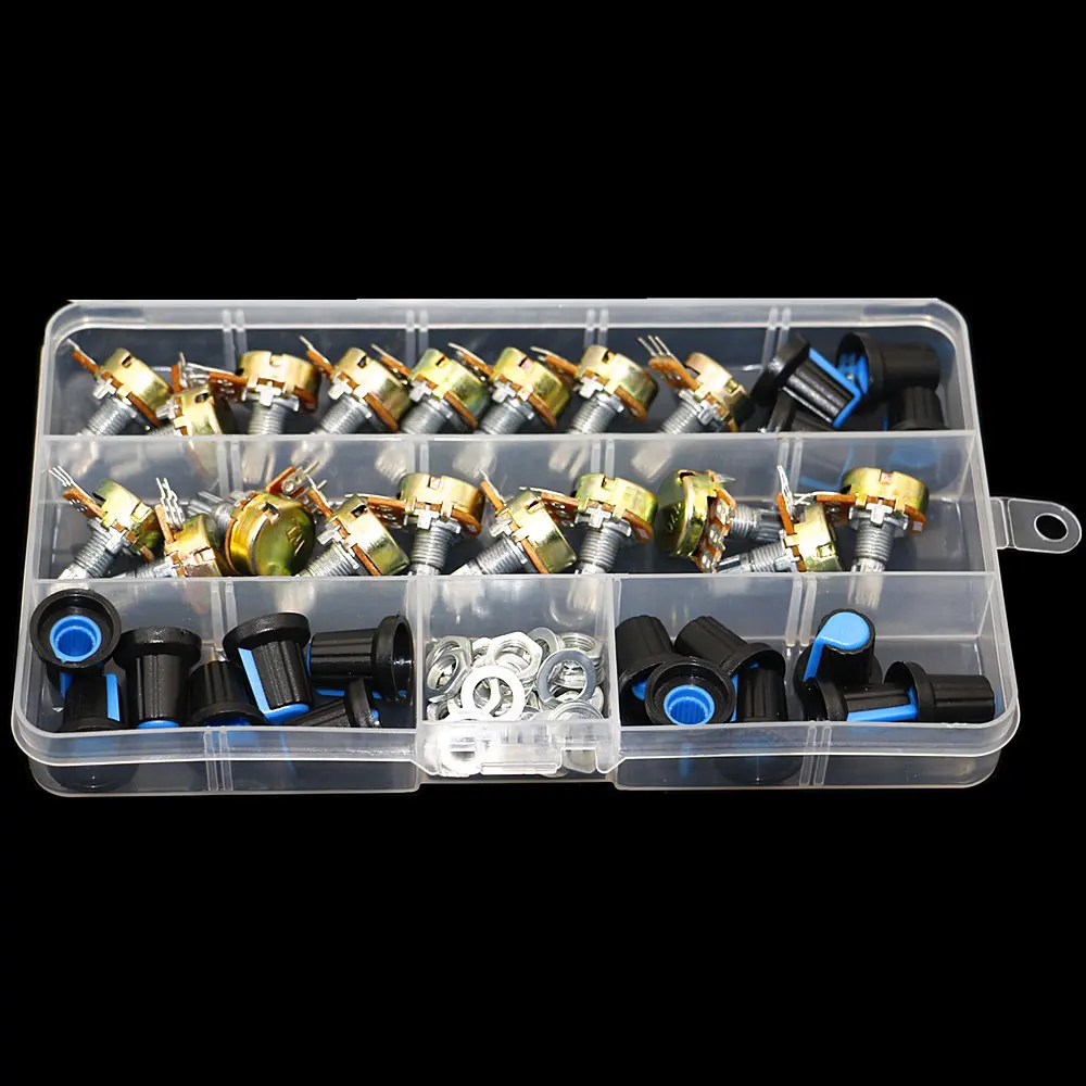 18 adet/kutu WH148 tek potansiyometre kiti B1K/5K/10K/20K/50K/100K/500K/1M kolları tek potansiyometre set mili somun
