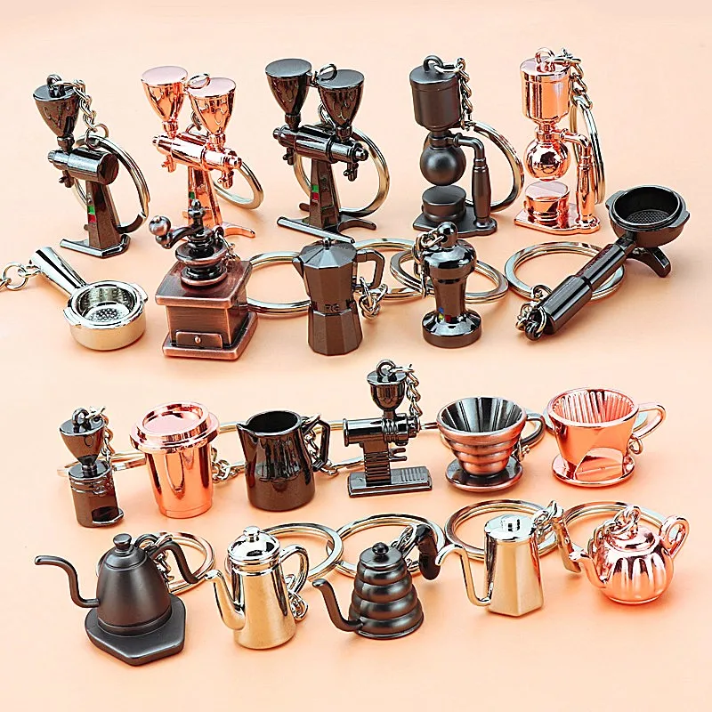 Hot Selling Creative Barista Keychain Coffee Machine Maker Handle Moka Kettle Cup Keyring Pendant Coffee-Lovers Key Holder