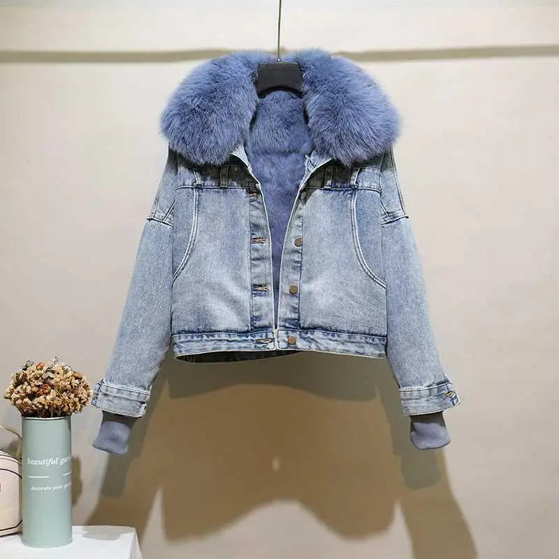 

Winter New Denim Jacket Women Real Fox Fur Collar Velvet Liner Cowboy Parkas Short Washed Distressed Coat Female Streetwear