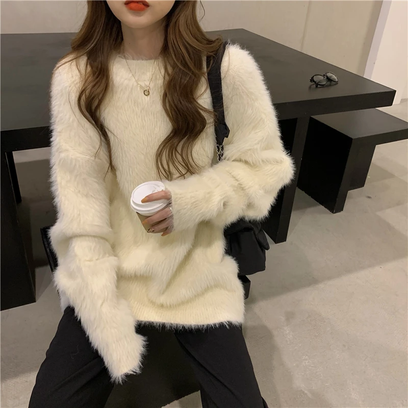 Women\'s White Sweater Coat Fall Winter Thick Loose Soft Mink Fleece Sweater Solid Oversize Jumper Plush Lazy Style Pullover Top