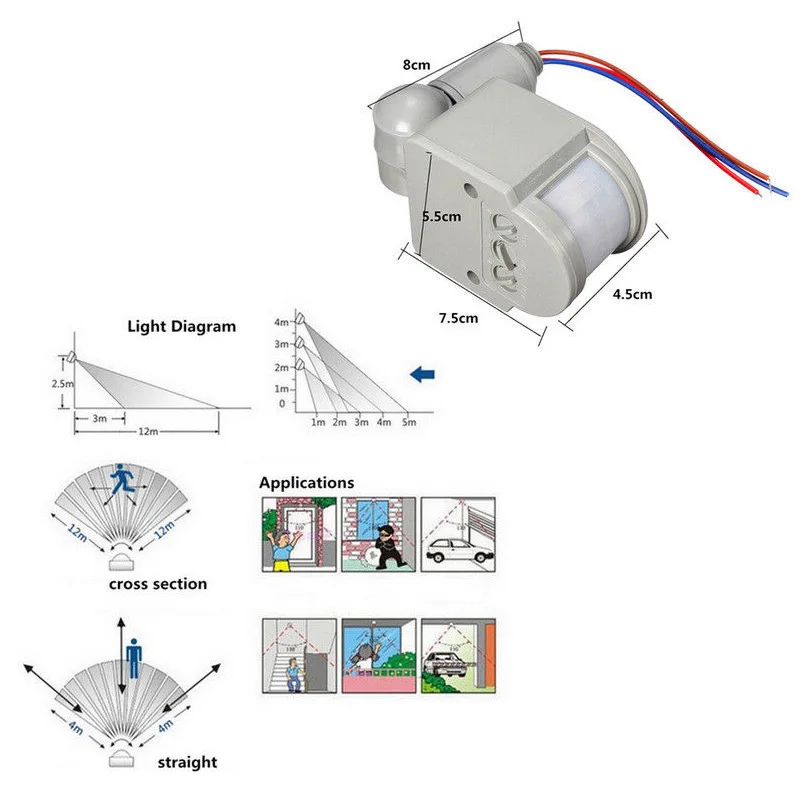 LED 모션 센서 자동 적외선 PIR 움직임 감지기, 벽 마운트 타이머, 야외 조명 스위치, 3.7V, 7.4V, 12V, 24V