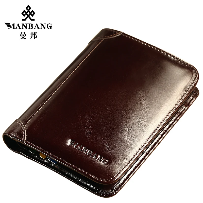 ManBang-cartera de cuero genuino de estilo clásico para hombre, monedero corto, tarjetero, moda, alta calidad