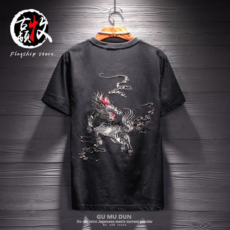 Oversized 2xl Kirin Embroidery Cotton 100% China Style Cool Fashion Summer Men T Shirt Short Sleeve Casual 2022 Trend Streetwear