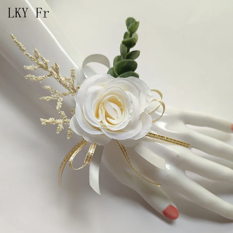 LKY Fr Boutonniere 웨딩 꽃 손목 코사지 팔찌, 아이보리 실크 장미 신랑 버튼홀 신부 들러리 결혼 신부 액세서리