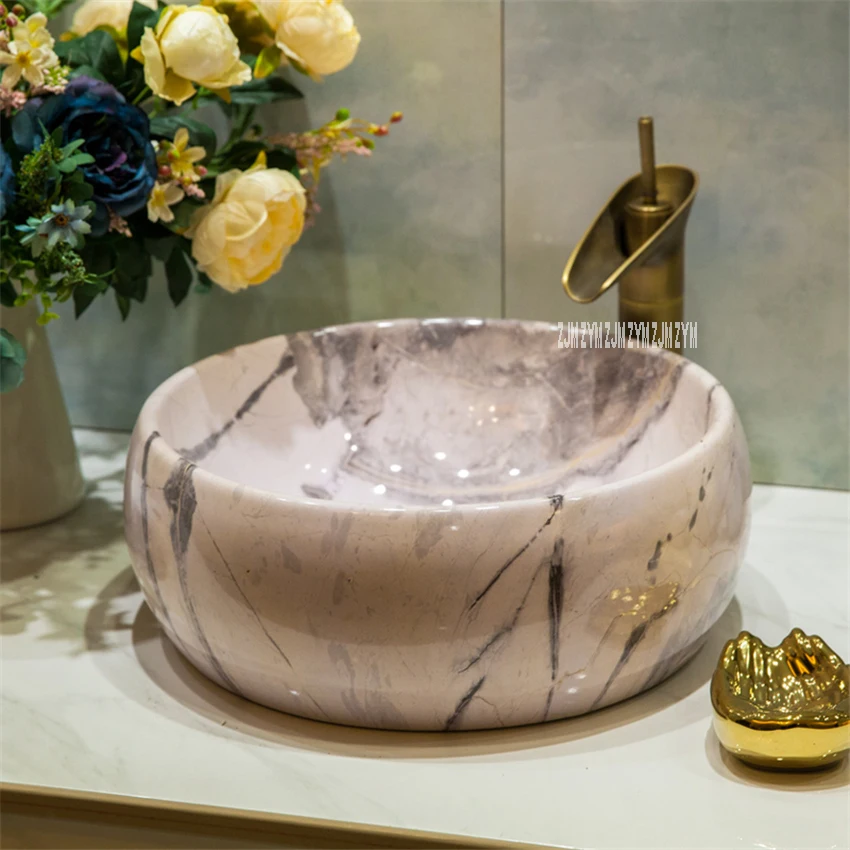 Bathroom Round Hand Wash Basin Art Tree-Texture Ceramics Sink Washing Room Basin Bowl Toilet Single Hole Above Counter Basin