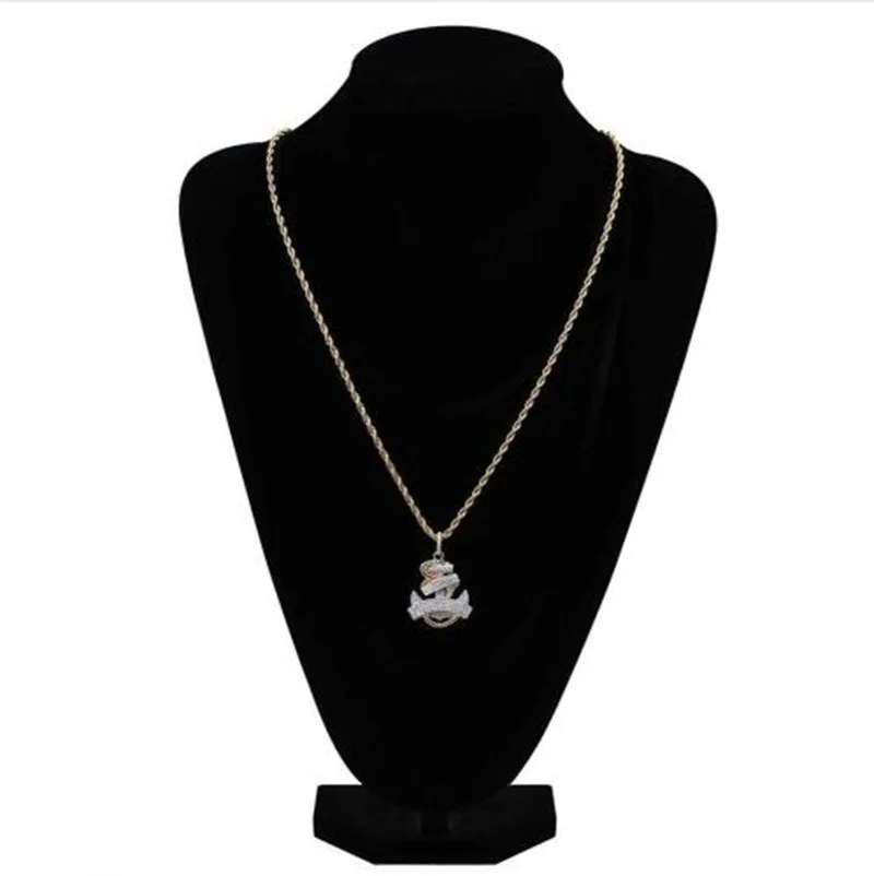 Fashionable Men\'s Necklace Gold Plated Ice Micropav Cubic Zircon Anchor Pendant and Necklace Bling Hip Hop Jewelry