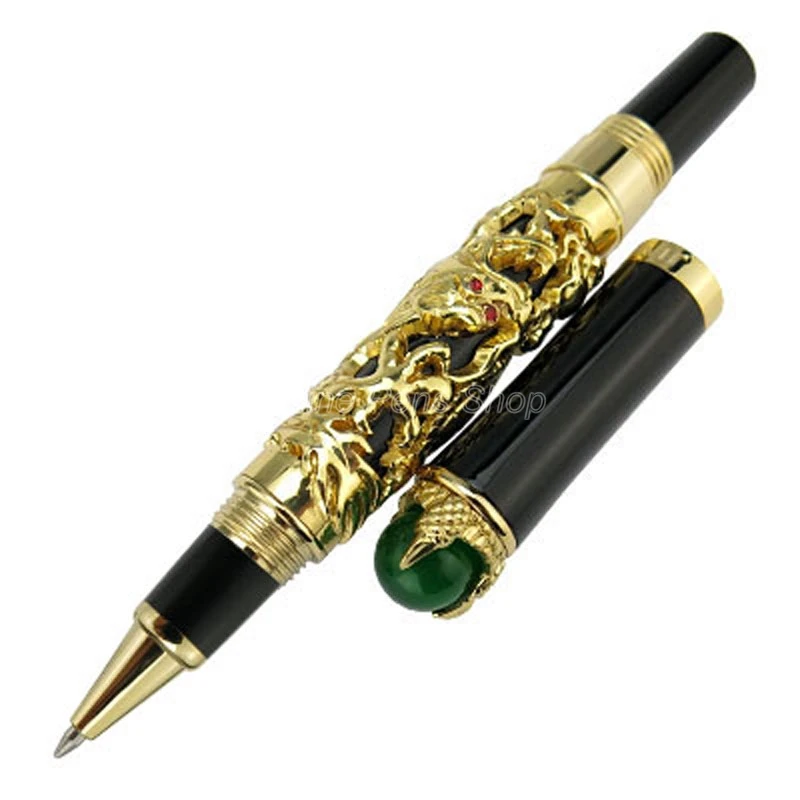 

Jinhao Vintage Dragon King Rollerball Pen , Metal Embossing Green Jewelry on Top, Golden Drawing For Writing Gift Pen