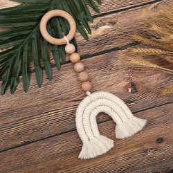 Handarbeit Gewebt Wand Hängen Wohnkultur Macrame Holz Boho Baby Beißring Baumwolle Schnur Holz Zahnen Spielzeug Dusche Geschenk