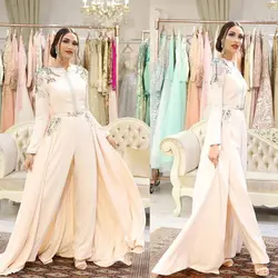 Long Sleeve Women Jumpsuits With Detachable Train Prom Dresses Beaded Appliques Elegant Evening Dress Arabic Pant Suit