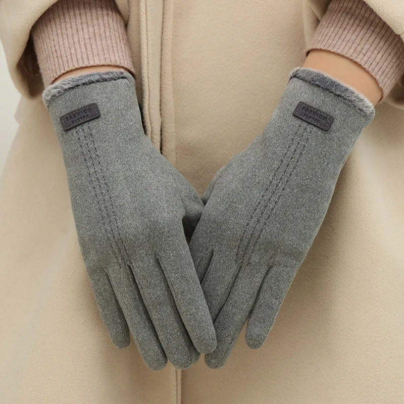 Guantes de muñeca de felpa para mujer, protectores de mano pequeños de terciopelo con pantalla táctil, elegantes, elásticos, a rayas, para ciclismo, Invierno