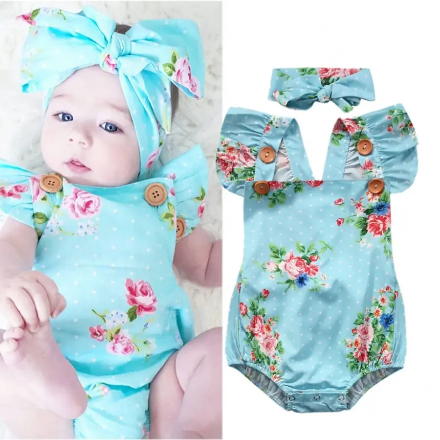 Newborn Baby Girls Floral One-pieces Romper Sunsuit Headband Clothes Set 0-24M