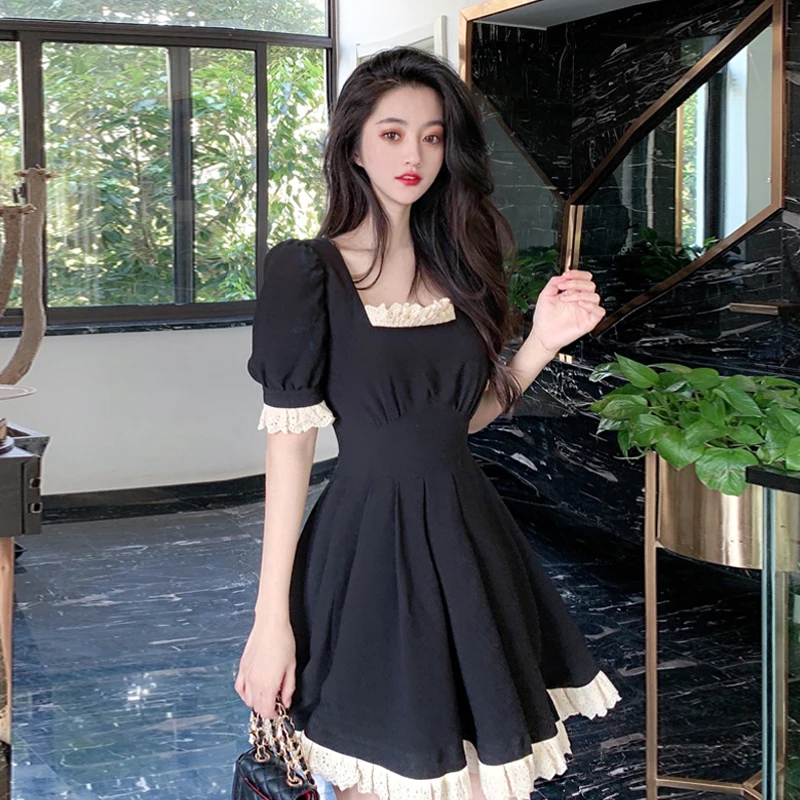 Summer Vintage Woman Dress Sweet Lace Square Collar Little Black Vestido Office Ladies Clothes Elegant Ruffle Party Mini Dresses