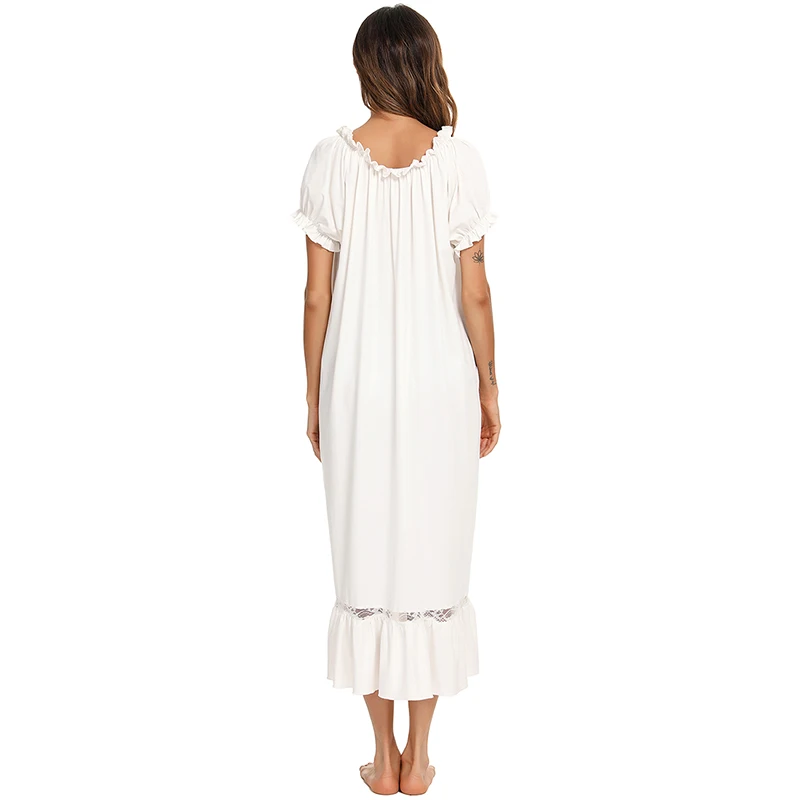 Sleepwear Nighty Woman Autumn Nightgown White Pink Nightdress Leisure Fashion Long Vintage Home Dress Ladies Nightwear Boat Neck