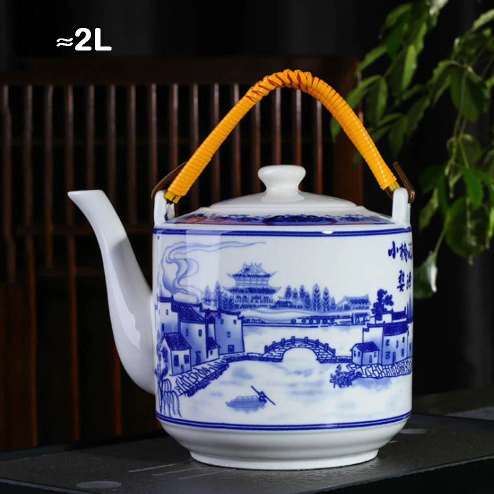 2L, Chinese style ceramic teapot, Large capacity cold kettle, Blue and white porcelain kettle for tea brewing in mug, tea set