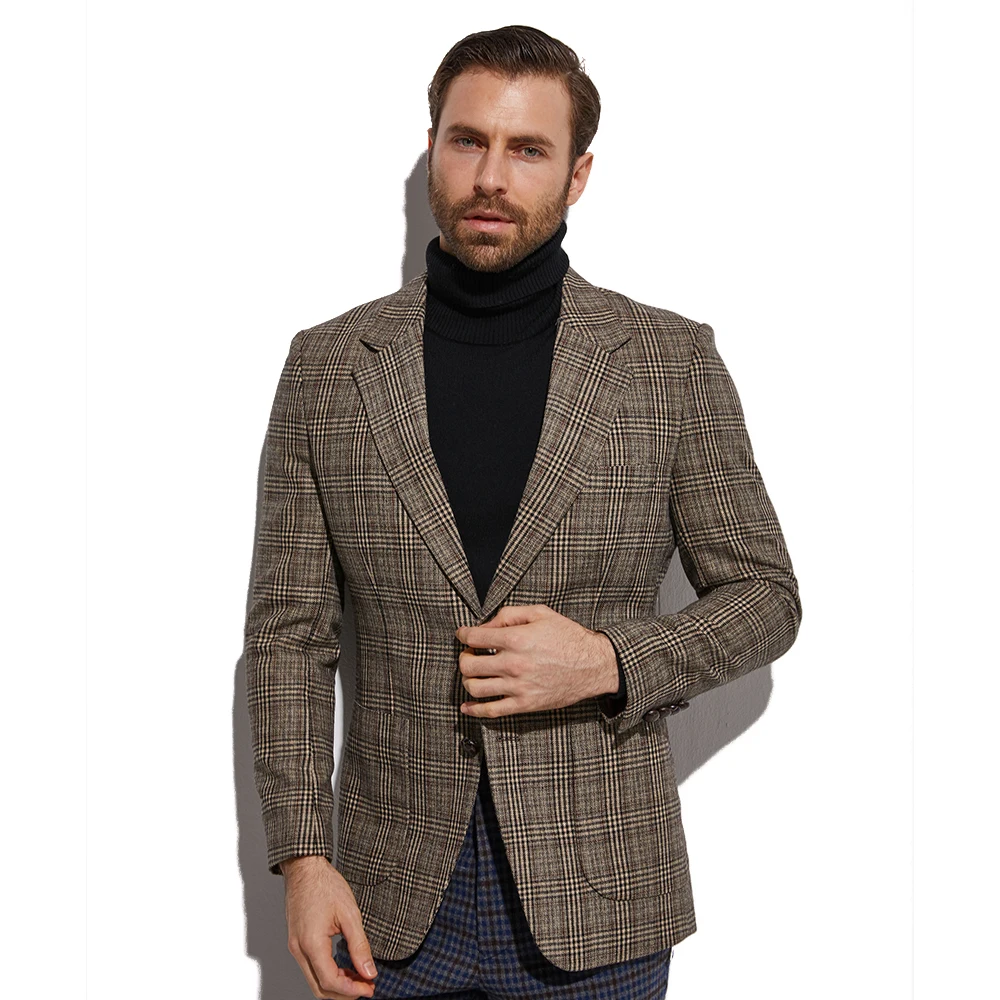 2020 Tweed Jacket Fashion Design Grey Plaid Blazer Custom Made Warm Wool Blend Tailored Slim Fashion Brown Gray Plaid Blazer