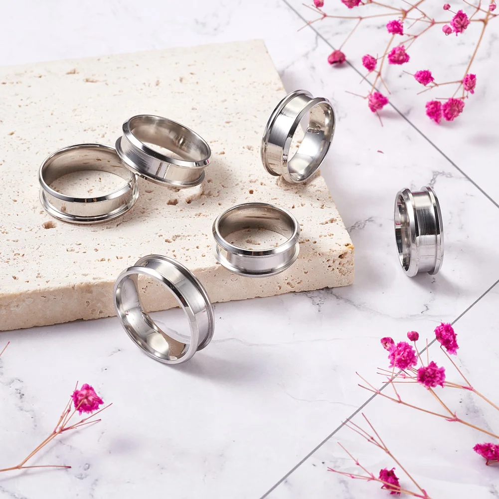 6Pcs/box 6 Sizes Stainless Steel Grooved Finger Ring Settings Ring Core Blank for Inlay Ring Jewelry Making Accessories