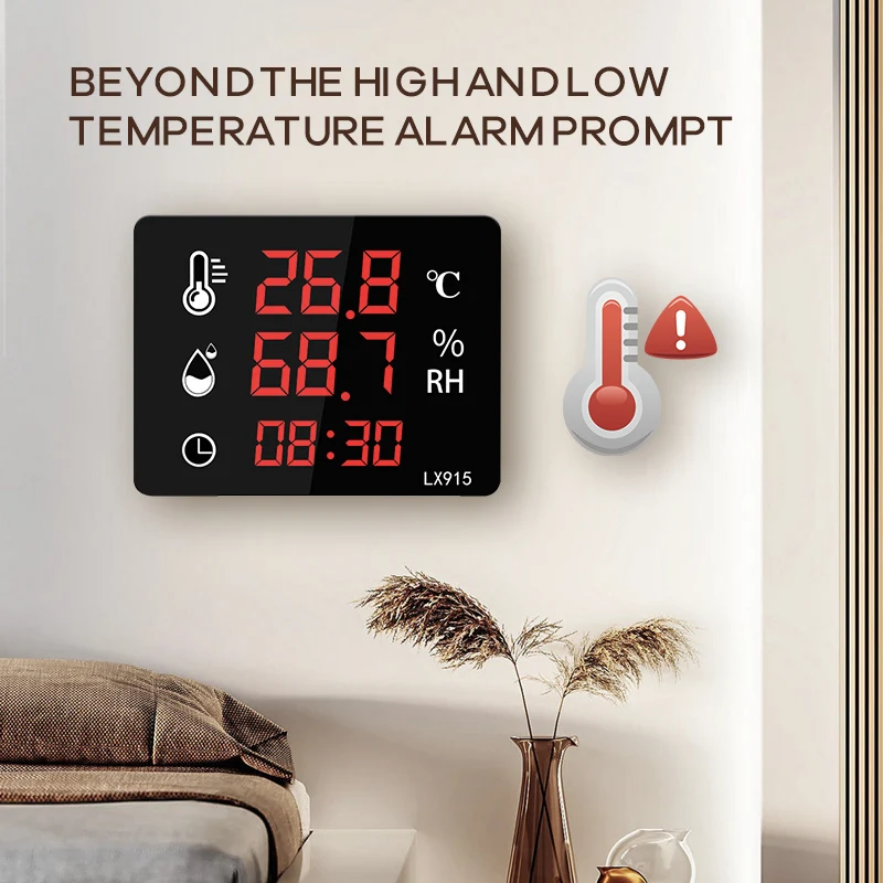 Digital Temperature and Humidity Thermometer Time Display Wall Mounted and Standing Dual Use LED Screen High Precision LX915