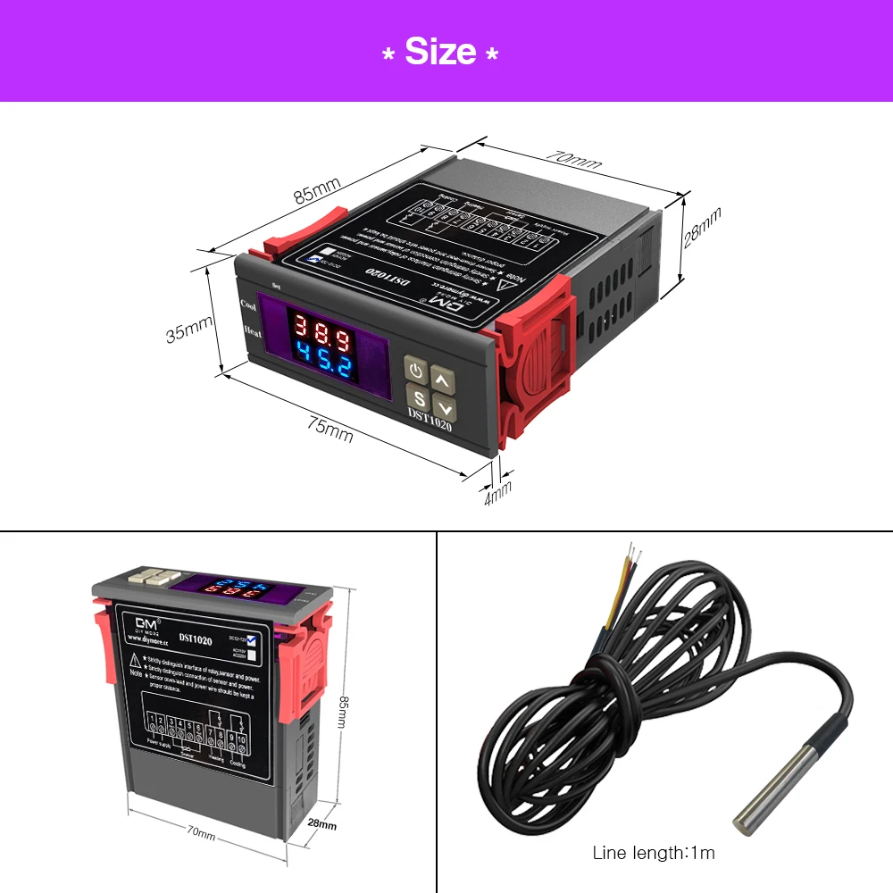 12V 24V DST1020 Dual LED Thermostat Temperature Controller Regulator High Accuracy DS18B20 Temperature Sensor Probe DC 12V-72V