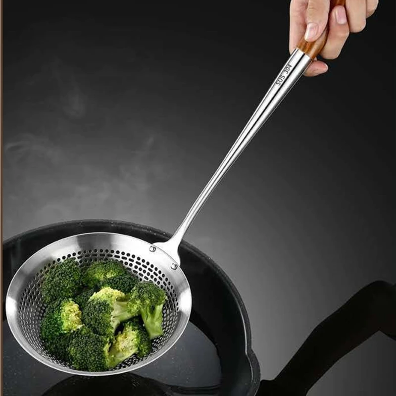 Stainless Steel Colander Strainer Soup Spoon Hot Pot Oil Filter Skimmer Mesh Long Wooden Handle Kitchen Sieves Scoop Tableware